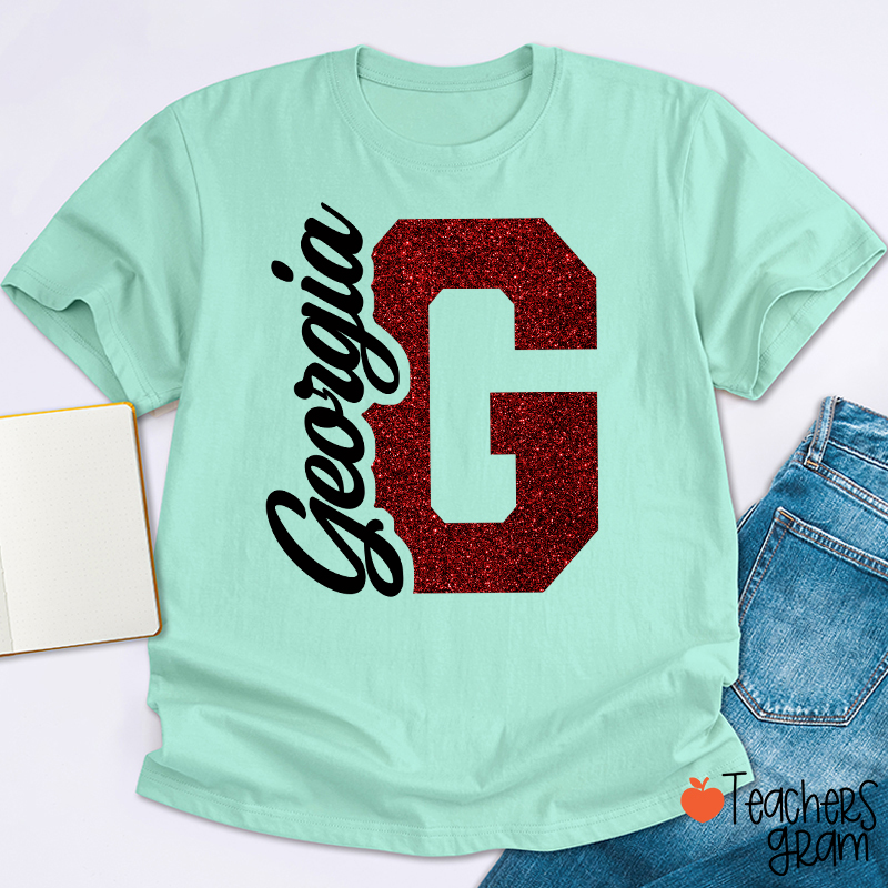 Personalized Mascot Initial Glitter Print Puff Printed Teacher T‑Shirt
