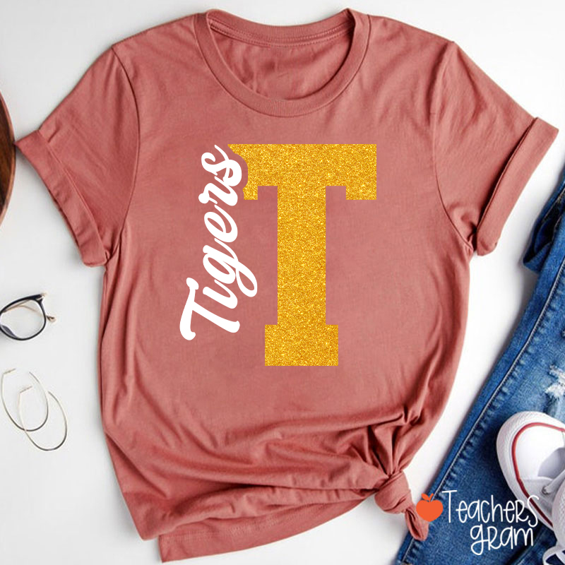 Personalized Mascot Initial Glitter Print Puff Printed Teacher T‑Shirt