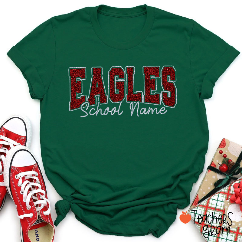 Personalized Mascot School Name Glitter Teacher T‑Shirt