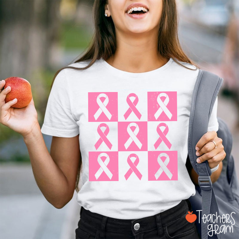 Pink Ribbon Breast Cancer Awareness Teacher T-Shirt