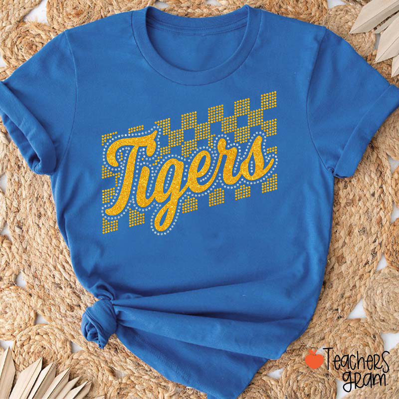 Personalized Mascot Glitter Checkered Script Teacher T‑Shirt