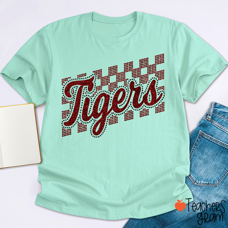 Personalized Mascot Glitter Checkered Script Teacher T‑Shirt