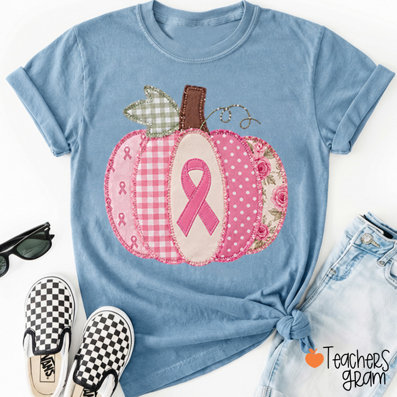 Pink Faux Patchwork Pumpkin Ribbon Teacher T‑Shirt