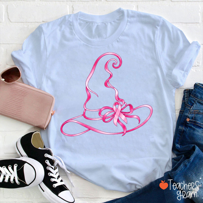Halloween Witch Hat Pink Ribbon Breast Cancer Support Teacher T‑Shirt