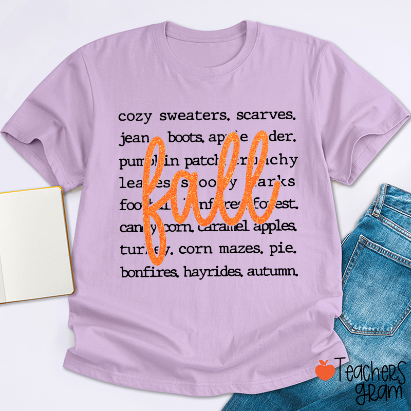 Glitter Fall Autumn Word List Teacher T‑Shirt