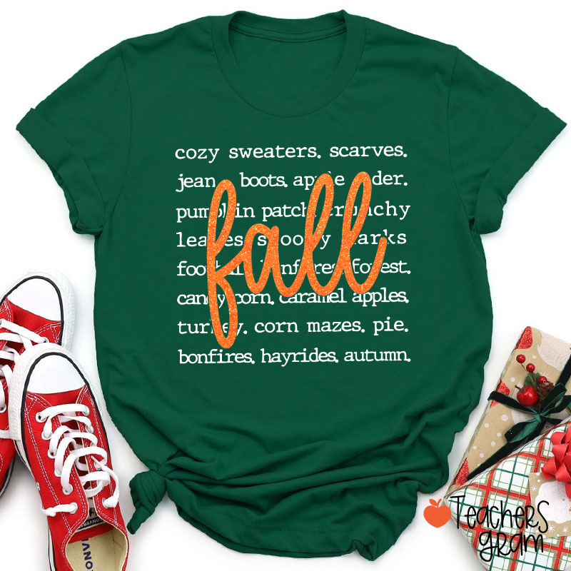 Glitter Fall Autumn Word List Teacher T‑Shirt