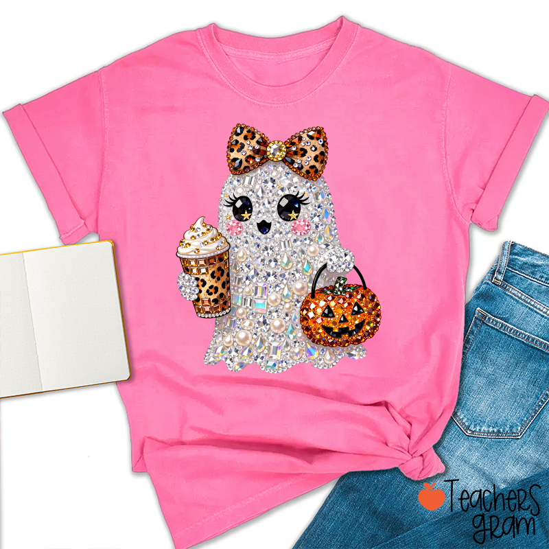 Faux Rhinestone Ghost Leopard Bow Coffee Pumpkin Teacher T-Shirt