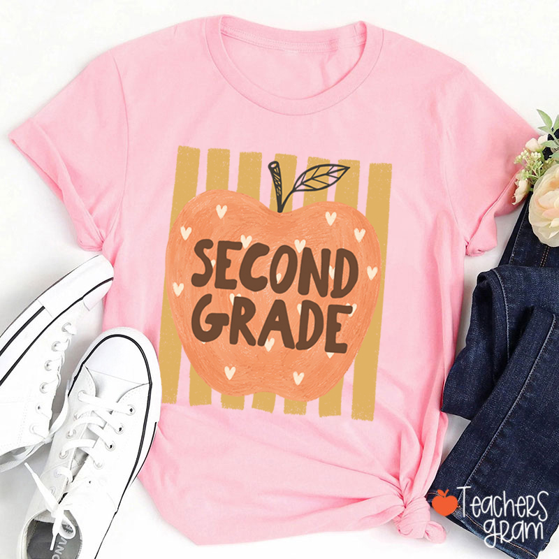 Personalized Grade Heart Apple Vertical Stripe Teacher T-Shirt