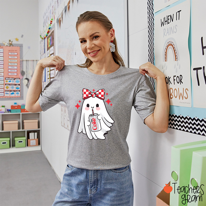 Cute Ghost With Red Checkered Bow Soda Drink Halloween Teacher T-Shirt