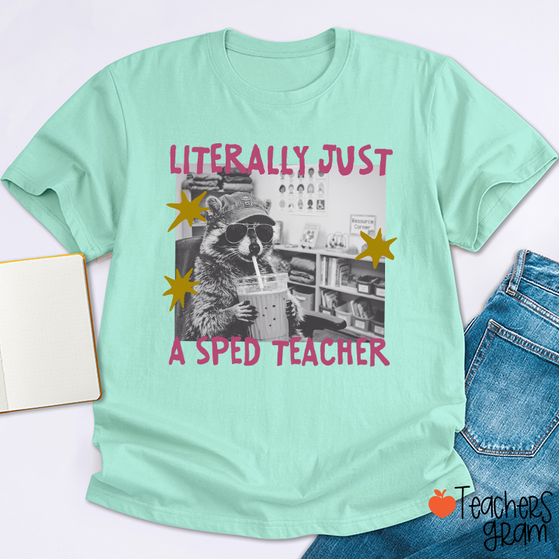 Literally Just A SPED Teacher Raccoon Bubble Tea Teacher T-Shirt