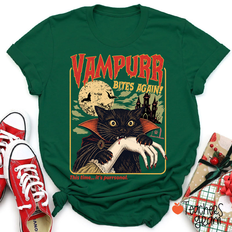 Vampurr Bites Again Vampire Black Cat Halloween Teacher T-Shirt-Teachersgram