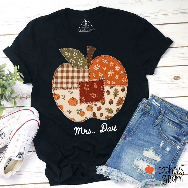 Personalized Name Faux Patchwork Punkpkin Teacher T-Shirt
