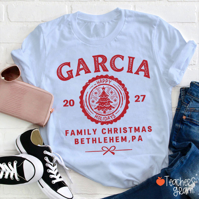Personalized Vintage Family Christmas Crest Teacher T-Shirt