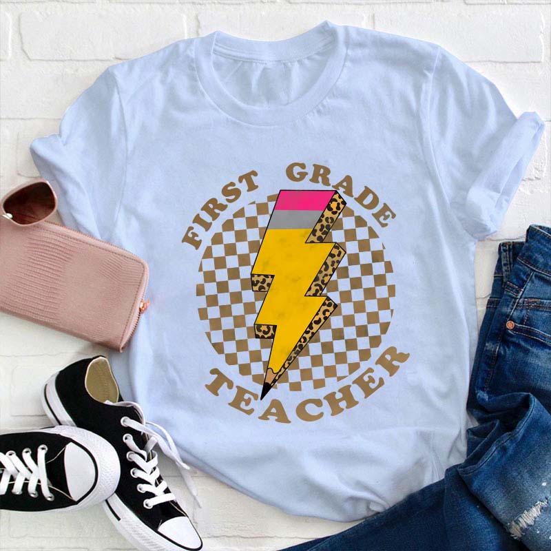 Personalized Grade Pencil Lighting Teacher T-Shirt