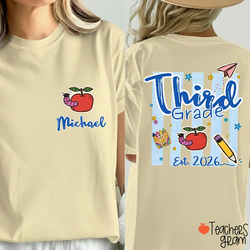 Personalized Name And Grade Apple Preppy Stripes Teacher Two Sided T-Shirt