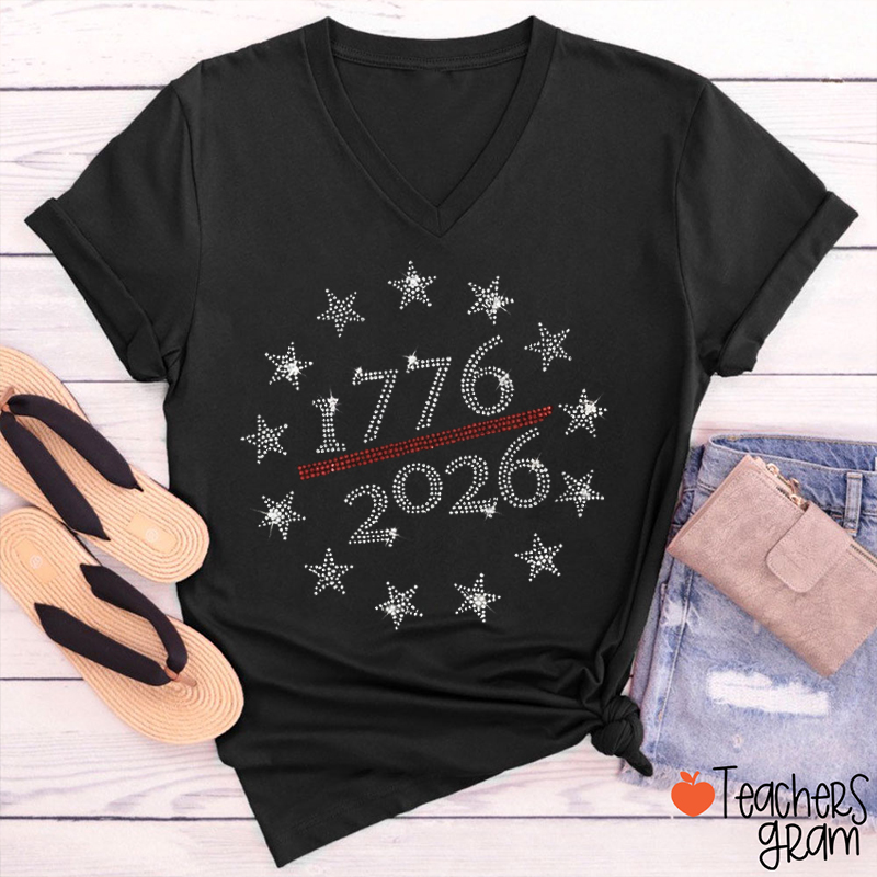 250th America Anniversary Rhinestone Teacher Female V-Neck T-Shirt