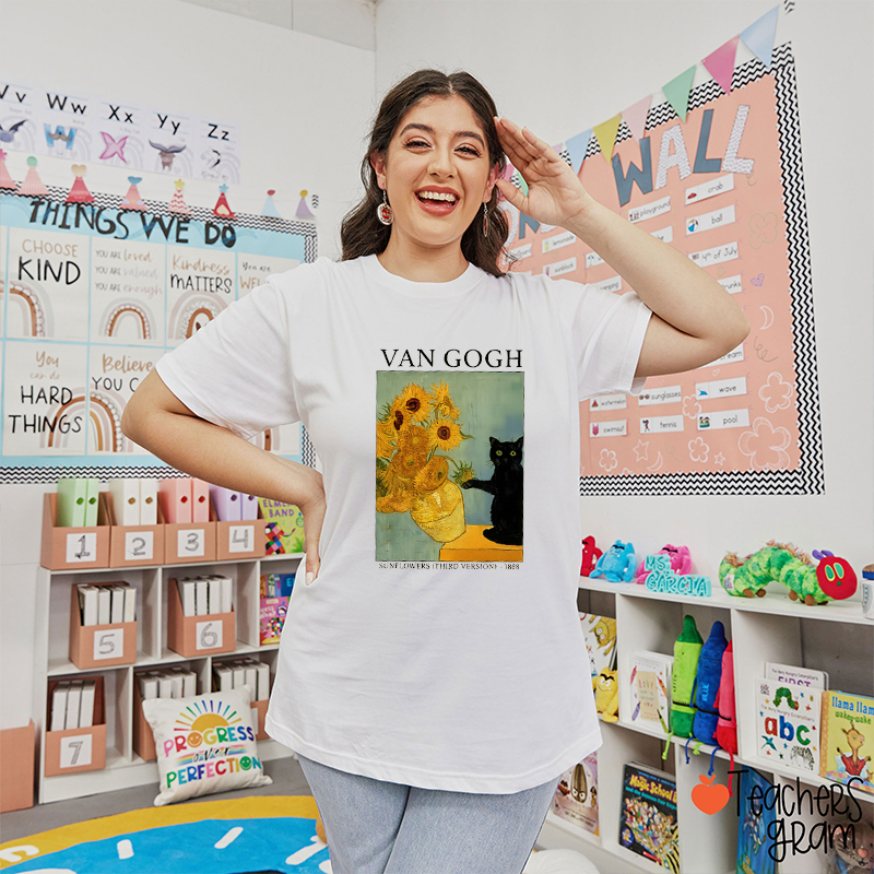 Sunflowers Cute Cat Art Teacher T-Shirt