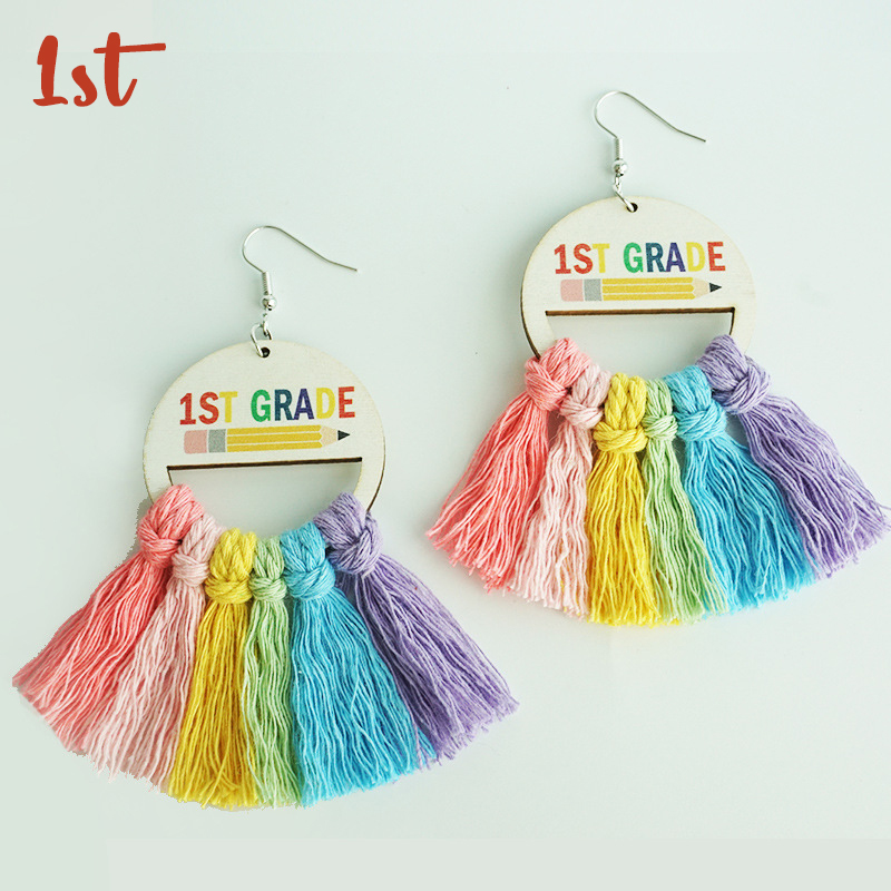 Grade Tassel Rainbow Teacher Wooden Earrings