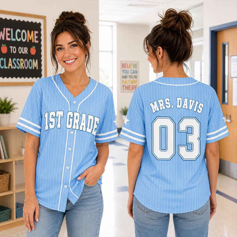 Personalized Grade Number Print Pinstriped Teacher Baseball Jersey