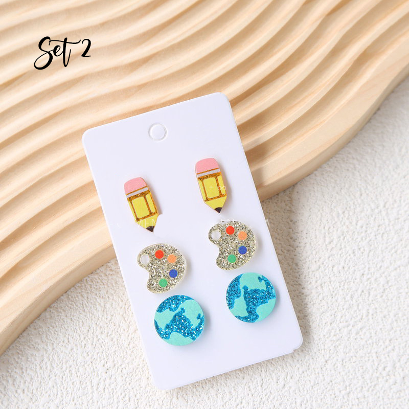 Cute Pencil Apple Globe Drawing Board Earrings Set