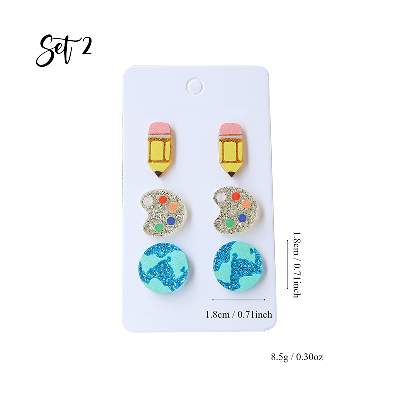 Cute Pencil Apple Globe Drawing Board Earrings Set