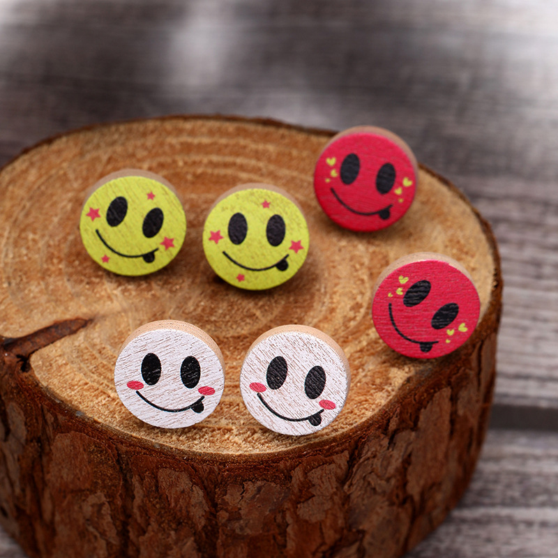 Cute Smiley Apple Drawing Board Wooden Earrings