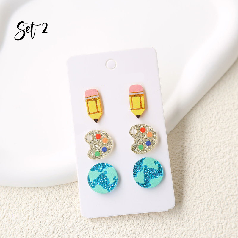 Cute Pencil Apple Globe Drawing Board Earrings Set