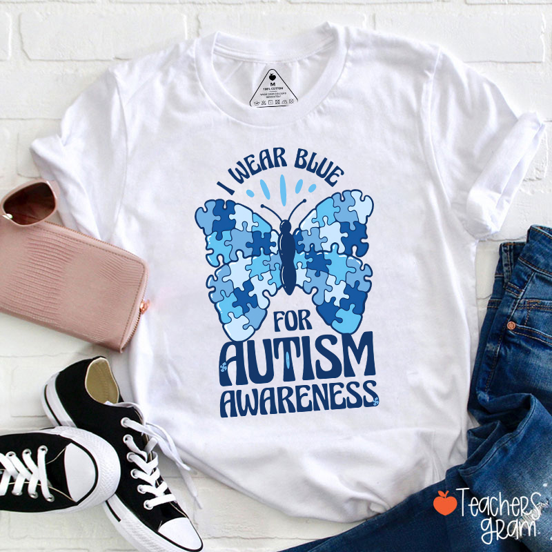 Butterfly Puzzle I Wear Blue For Autism Awareness Teacher T-Shirt