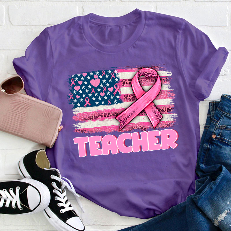 Personalized American Flag With Pink Ribbon Teacher T-Shirt