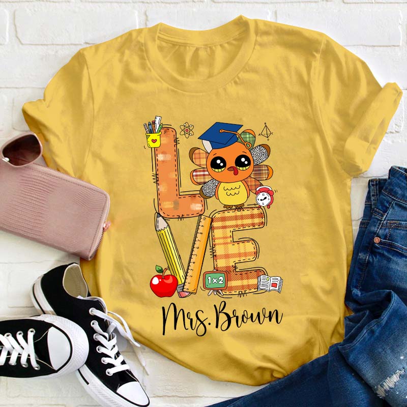 Personalized Name Thankful Cute Turkey Teacher T-Shirt
