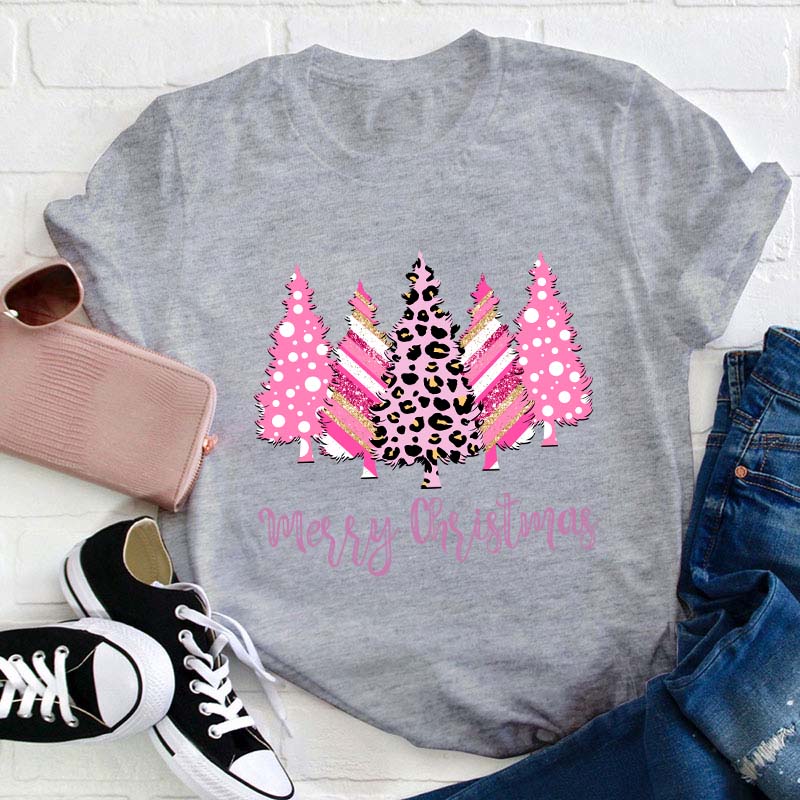 Merry Christmas Pink Christmas Trees Teacher T-Shirt