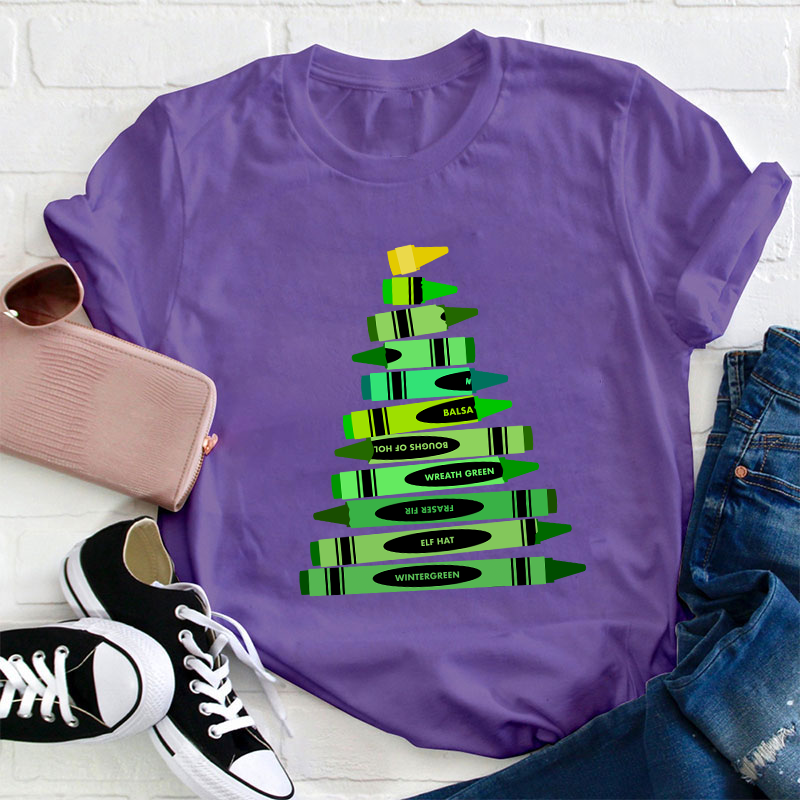 Green Crayon Christmas Tree Teacher T-Shirt