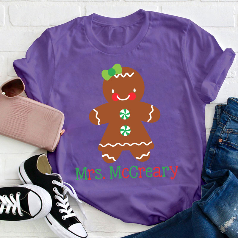 Personalized Name Cute Christmas Gingerbread Teacher T-Shirt