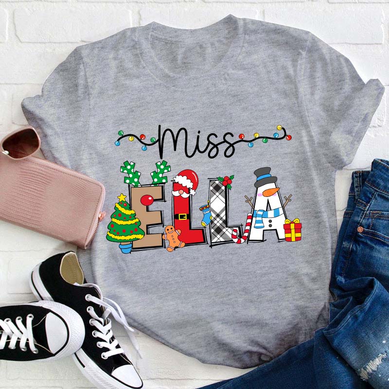 Personalized Name Cute Christmas Elements Teacher T-Shirt