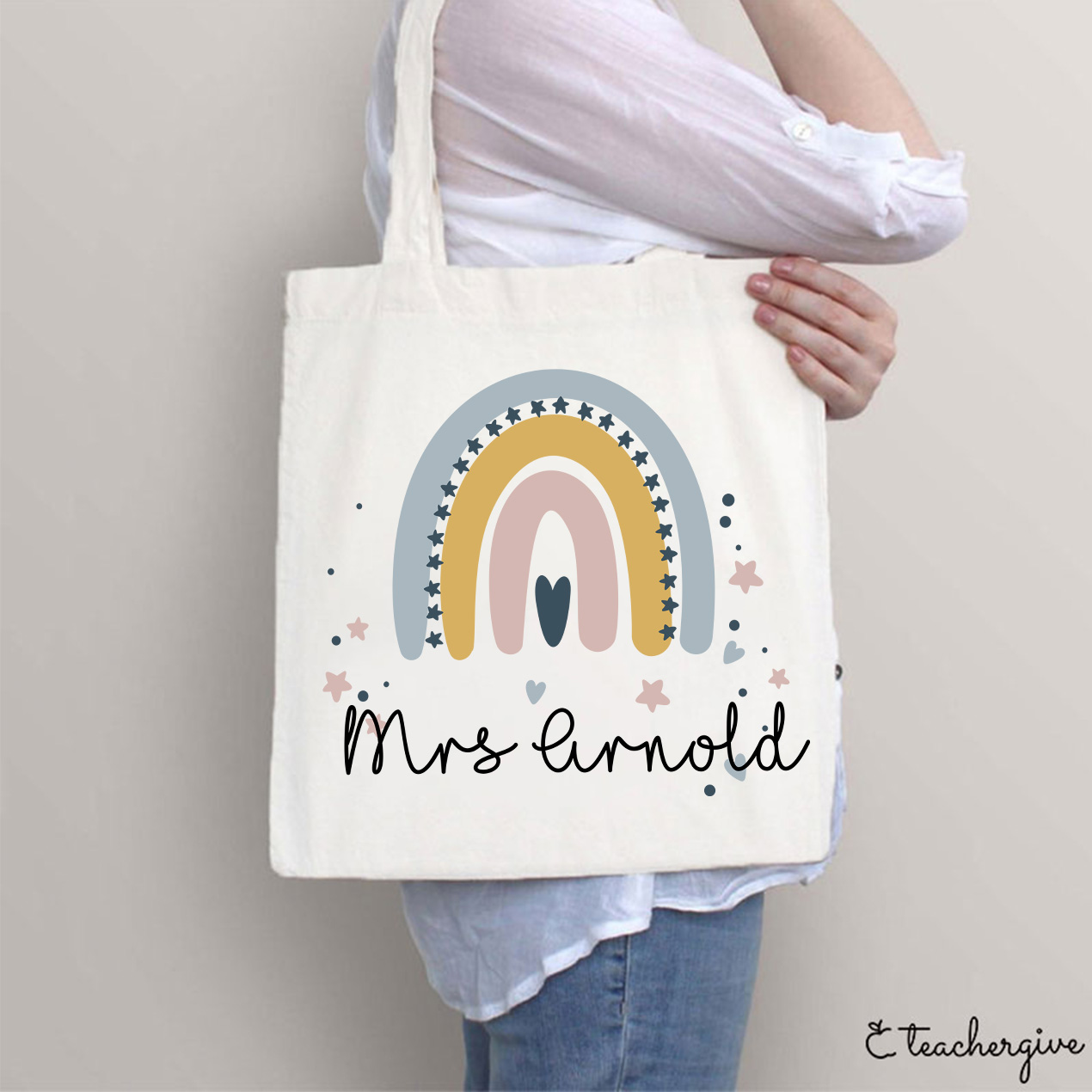 Personalized Rainbow Star Teacher Tote Bag