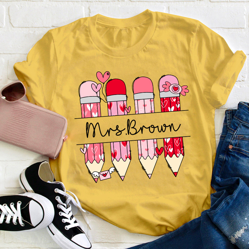 Personalized Pink Pencil Name Teacher T-Shirt