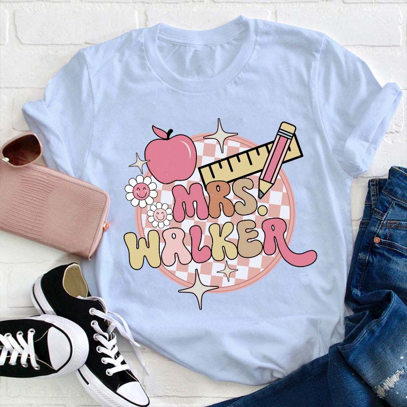 Personalized Pink Checkerboard Teacher T-Shirt