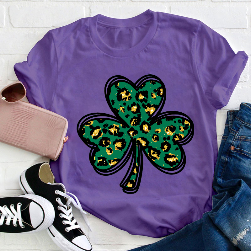 Leopard Glitter Shamrock Teacher T-Shirt