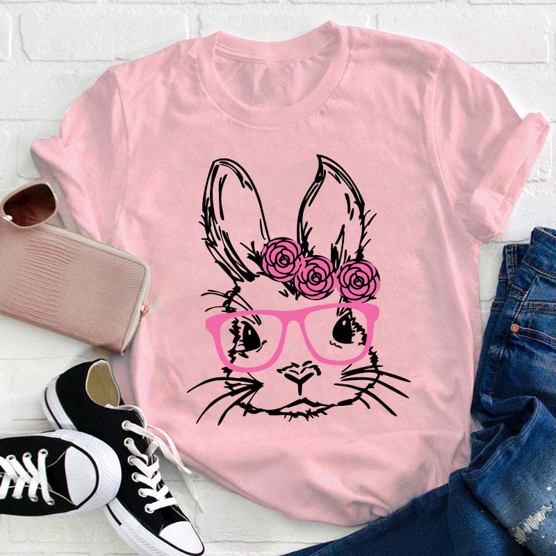 Bunny With Pink Glasses Teacher T-Shirt
