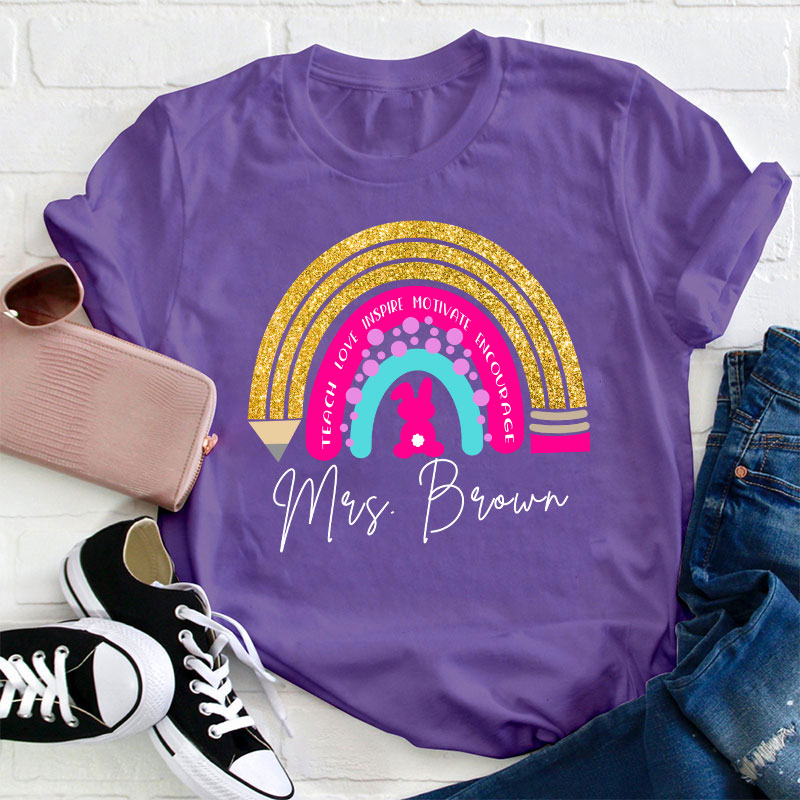 Personalized Name Easter Bunny Rainbow Teacher T-Shirt