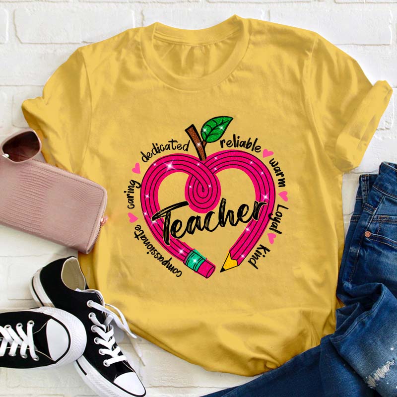 Glitter Apple Pencil Heart Teacher T-Shirt