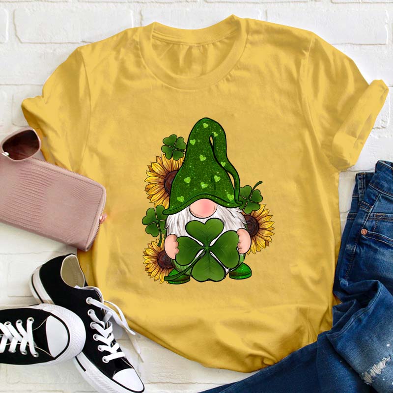 St. Patricks Day Gnome With Sunflowers Teacher T-Shirt