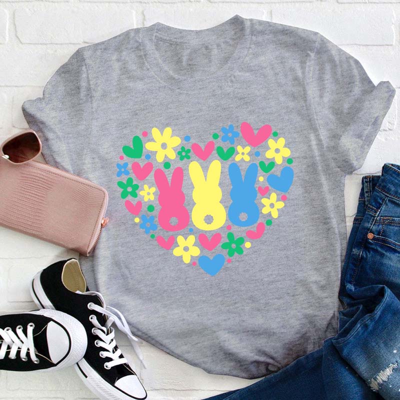 Floral Bunnies Heart Teacher T-Shirt
