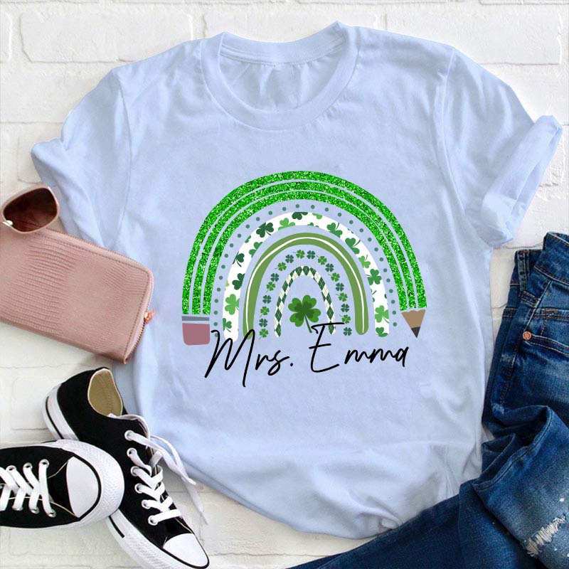 Personalized Green Rainbow Pencil Name Teacher T-Shirt