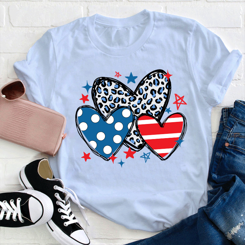 American Hearts Leopard Print Teacher T-Shirt