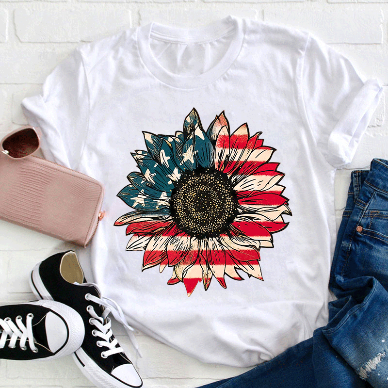Vintage Flag Sunflower Teacher T-Shirt
