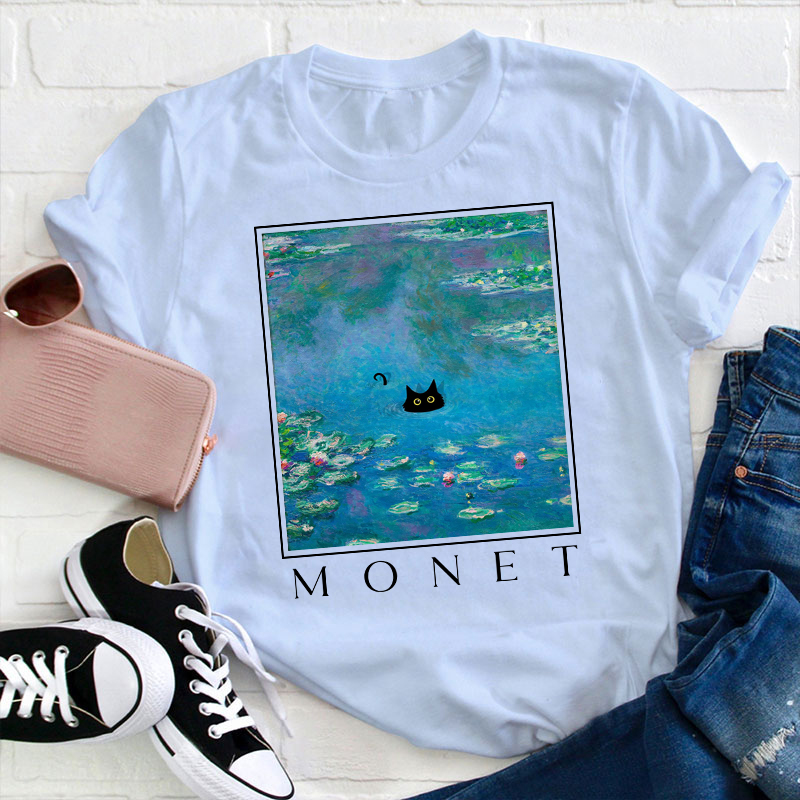 Monet Waterlily Cat Teacher T-Shirt