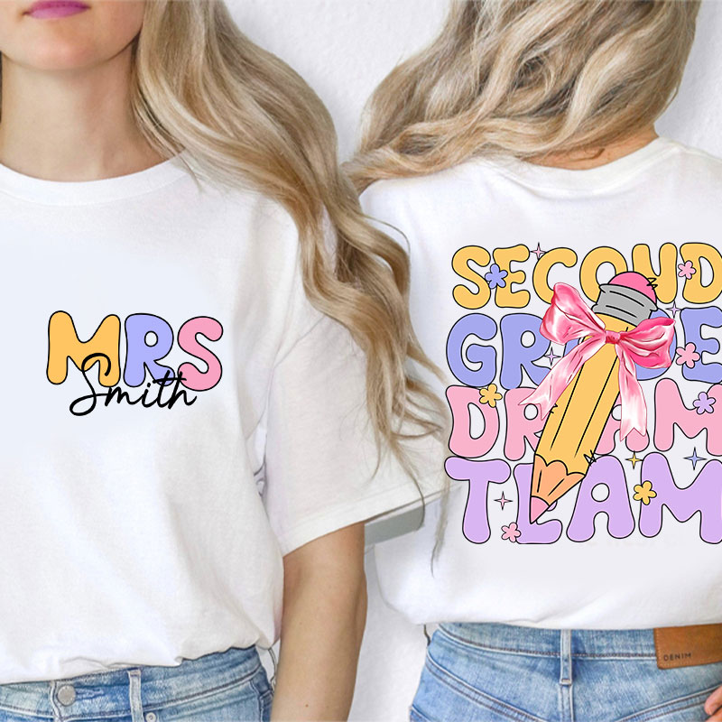 Personalized Teacher's Name And Grade Bow Pencil Print Teacher Two Sided T-Shirt