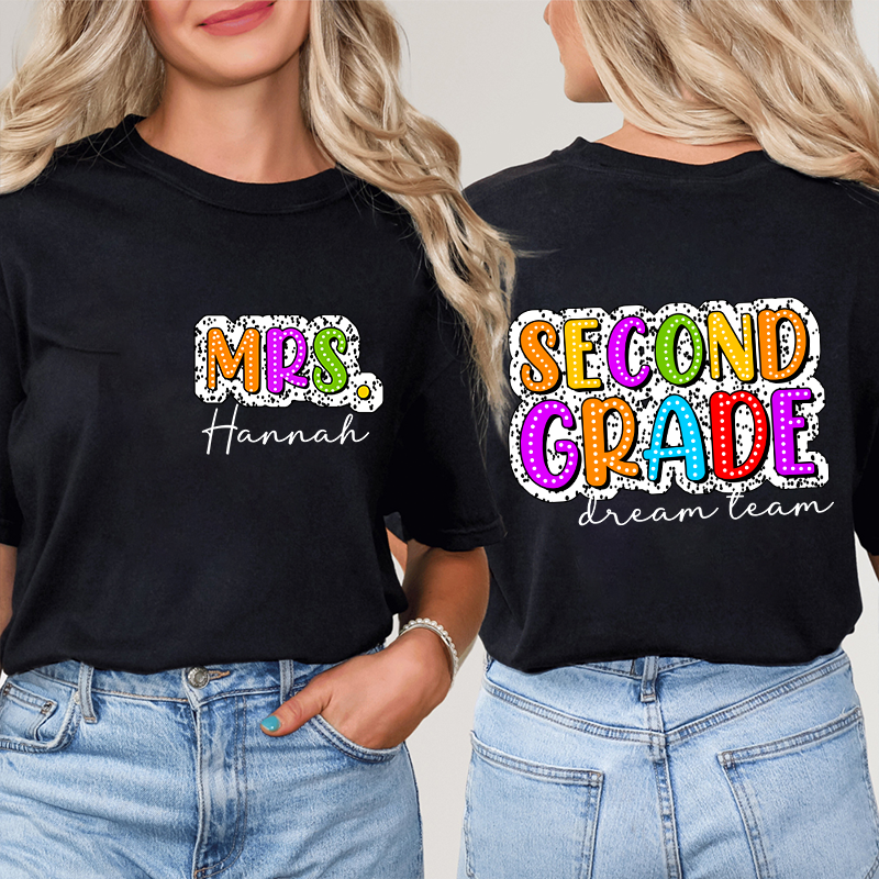 Personalized Retro Dot Neon Lights Grade And Name Teacher Two Sided T-Shirt