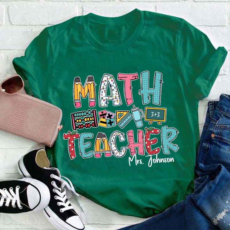 Personalized Math Teacher's Name Cute Math Icon Teacher T-Shirt